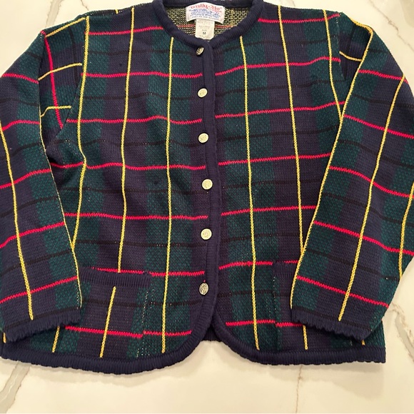 Vintage plaid cardigan sweater M Gold Button Knit navy academia old‎ money - Picture 2 of 11
